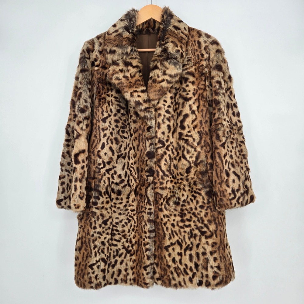Leopard Print Genuine Rabbit Fur Coat Women's L-XL Elegant Glamorous